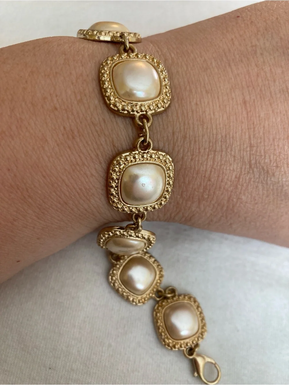 Vintage Gold Tone Panel Link Bracelet with Faux Pearls